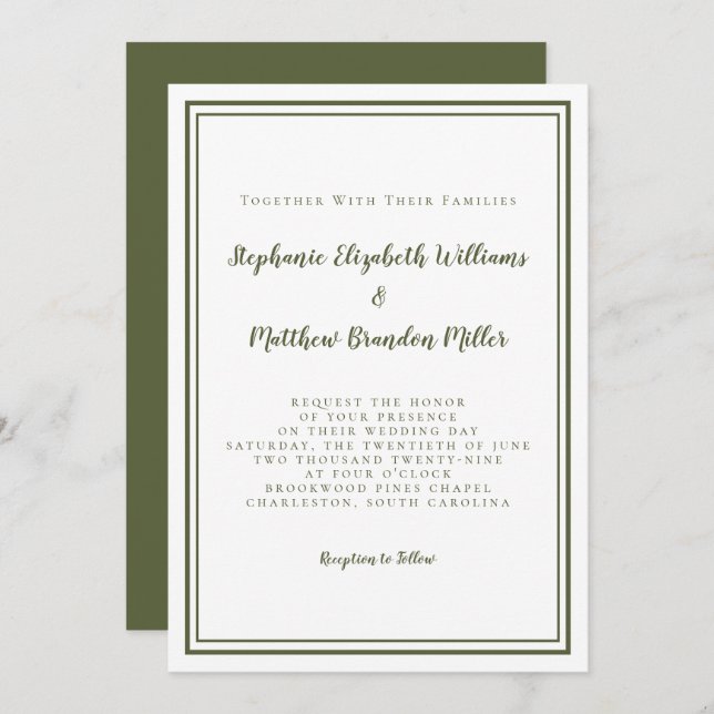Convite Clássico Moderno Simples Casamento Verde Azeitona  (Frente/Verso)