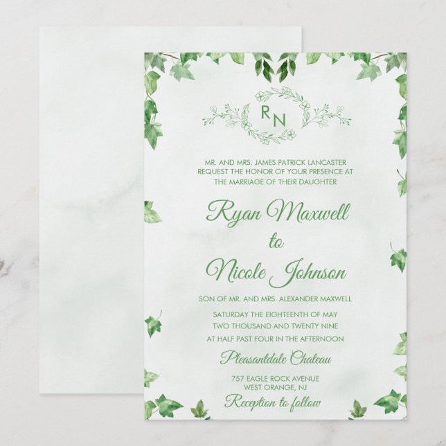 Convite Clássico Monograma Floral Formal Verde casamento (Frente/Verso)