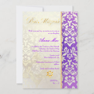 Convite Clássico + Na moda Damask Bat Mitzvah/Lavanda Azu