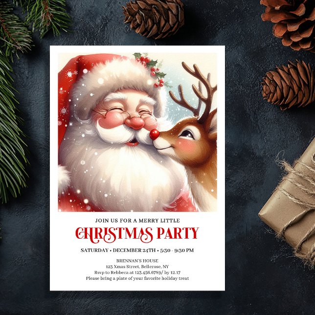 Convite Clássico Natal Rudolph Aconchegante Véspera de Nat (Classic Santa Rudolph Cozy Christmas Eve Family Party Invite

)