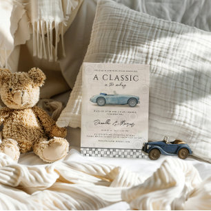 Convite Clássico no Chá de fraldas Carro vintage Azul Faze