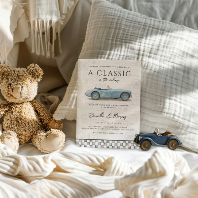 Convite Clássico no Chá de fraldas Carro vintage Azul Faze (Criador carregado)