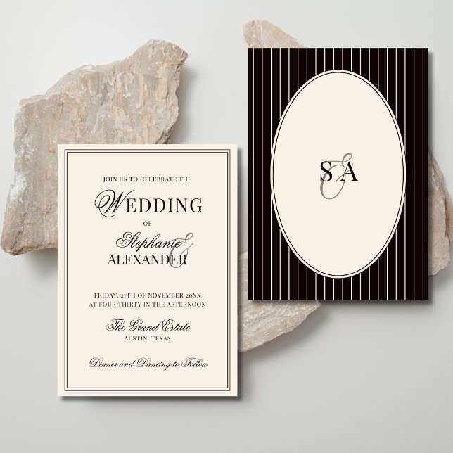 Convite Clássico Oval Preto Marfim Listrado Casamento Old  (Criador carregado)