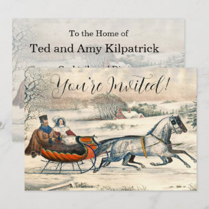 Convite Clássico Passeio de Trenó de 1853 Currier Ives Est