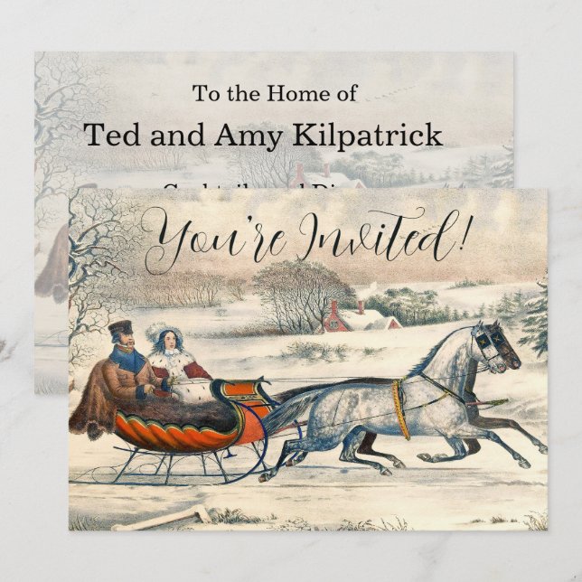 Convite Clássico Passeio de Trenó de 1853 Currier Ives Est (Frente/Verso)