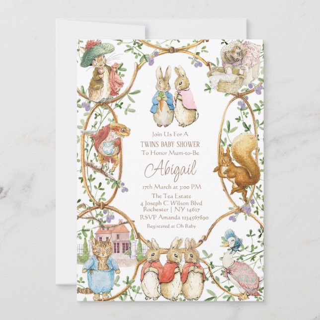 Convite Clássico Peter, o Chá de fraldas Coelho Twins Conv (Frente)