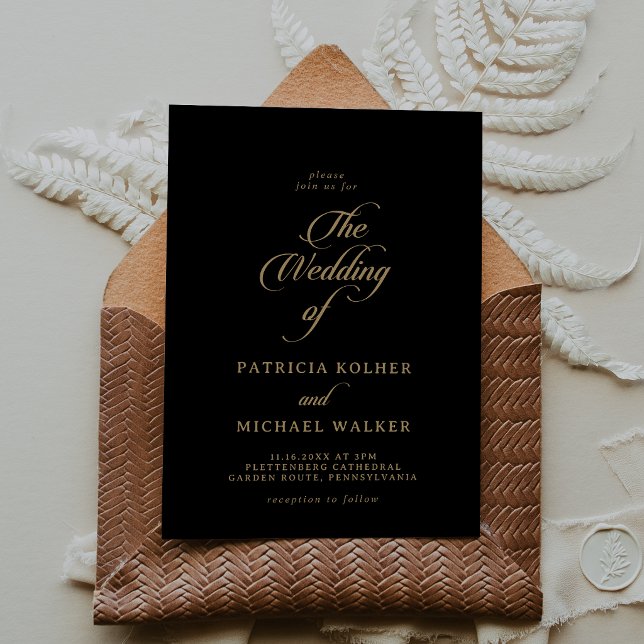 Convite Clássico Preto e Dourado Caligrafia O Casamento De (Criador carregado)