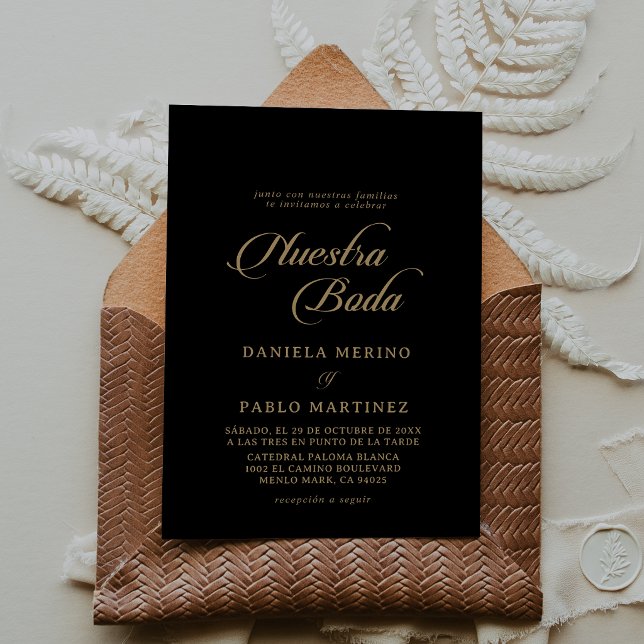 Convite Clássico Preto e Dourado Nuestra Boda Casamento (Criador carregado)