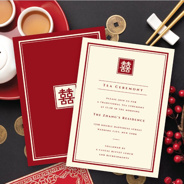 Convite Clássico Quadrado Dupla Felicidade 囍 Cerimônia do  (Red/Ivory Classic Square Double Happiness 囍 Tea Ceremony Invitation / Enclosure Card @ fatfatin)