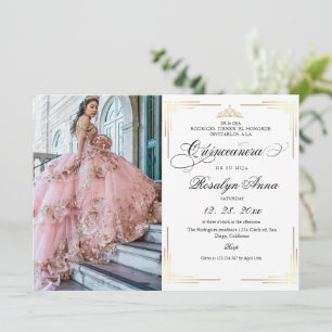 Convite Clássico Quinceañera Foto em Grafia de Ouro Branco