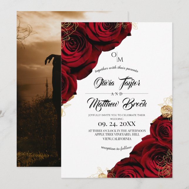 Convite Clássico Romântico Rosa Borgonha Casamento Floral (Frente/Verso)