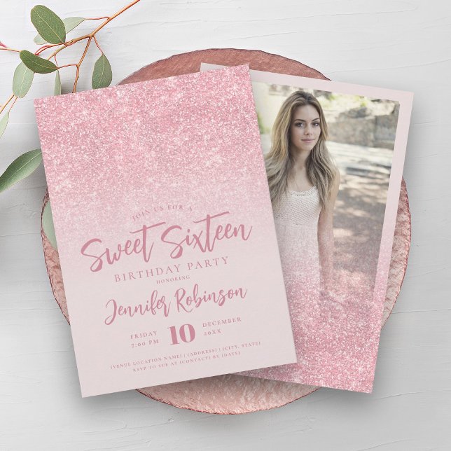 Convite Clássico Rosa Dourado Blush Glitter Foto Sweet 16 (Classy Rose Gold Blush Glitter Photo Sweet 16 Invitation)