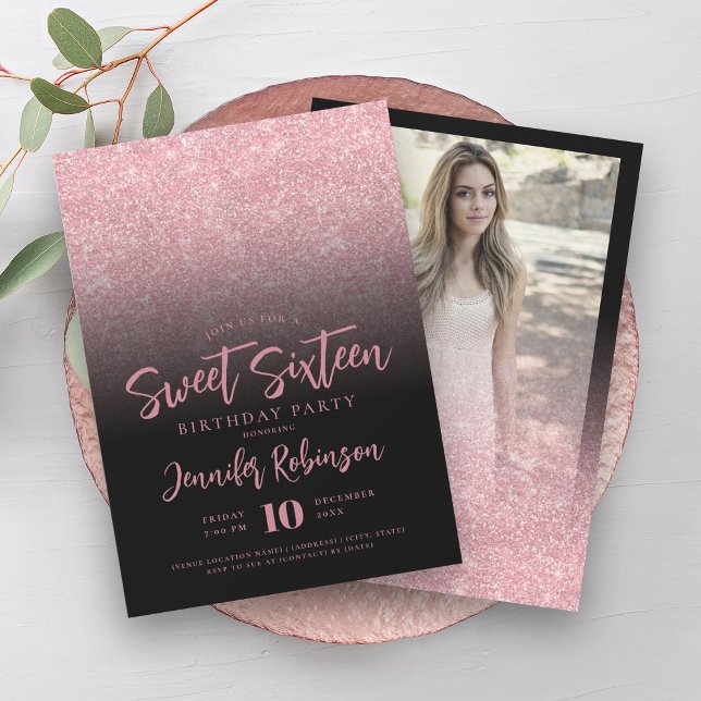 Convite Clássico Rosa Dourado Foto brilhante 16 (Classy Rose Gold Black Glitter Photo Sweet 16 Invitation)