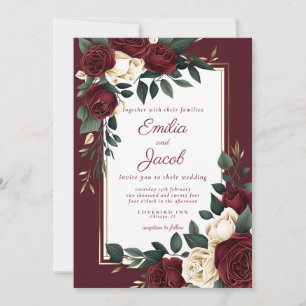 Convite Clássico Rosa Floral Branco Borgonha Dourado Casam