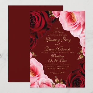 Convite Clássico Rubor Divino Borgonha Rosas Casamento