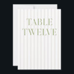 Convite Clássico Sage Green & Beige Wedding 12 Table Numbe<br><div class="desc">Este elegante número de tabela apresenta um fundo listrado de bege suave com tipografia de serifpografia verde-sábio refinada e acentos sutis de script. Projetado para casamentos de jardim, recepções refinadas e comemorações ao ar livre de eternos. Coordena-se com a Coleção de Convite de Casamento "Iris" — clique no link da...</div>