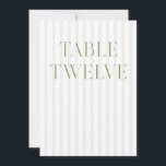 Convite Clássico Sage Green & Beige Wedding 12 Table Numbe<br><div class="desc">Este elegante número de tabela apresenta um fundo listrado de bege suave com tipografia de serifpografia verde-sábio refinada e acentos sutis de script. Projetado para casamentos de jardim, recepções refinadas e comemorações ao ar livre de eternos. Coordena-se com a Coleção de Convite de Casamento "Iris" — clique no link da...</div>