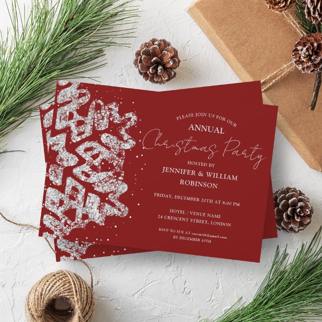 Convite Clássico Silver Glitter Xmas Snowflake Vermelho (Classy Silver Glitter Xmas Snowflake Holiday Red Invitation)