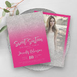 Convite Clássico Silver Quente Rosa Brilhante Foto Sweet 1<br><div class="desc">Elegante Doce Dezesseis Convite de aniversário com Motif Silver Sparkle Glitter,  Foto personalizada e script de tipografia moderna.</div>