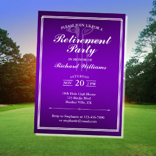 Convite Clássico Tema Golfe de Aposentação Branco Roxo