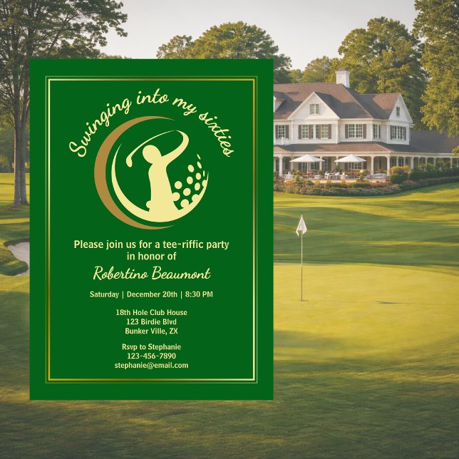 Convite Clássico Verde Dourado do Golfe para Jogador de 60 (Criador carregado)