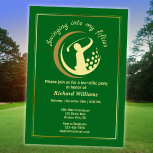 Convite Clássico Verde Dourado Jogador de Golfe Aniversári