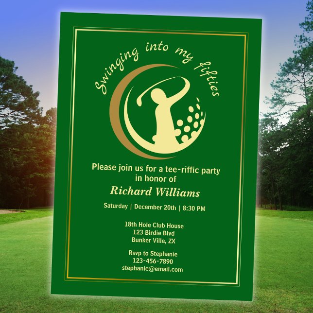 Convite Clássico Verde Dourado Jogador de Golfe Aniversári (Criador carregado)