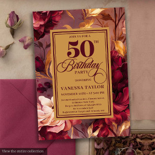 Convite Clássico vermelho esmagador ouro floral 50º aniver