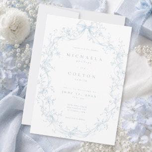 Convite Clássico Vintage Azul Poeirento Floral Coroa Casam