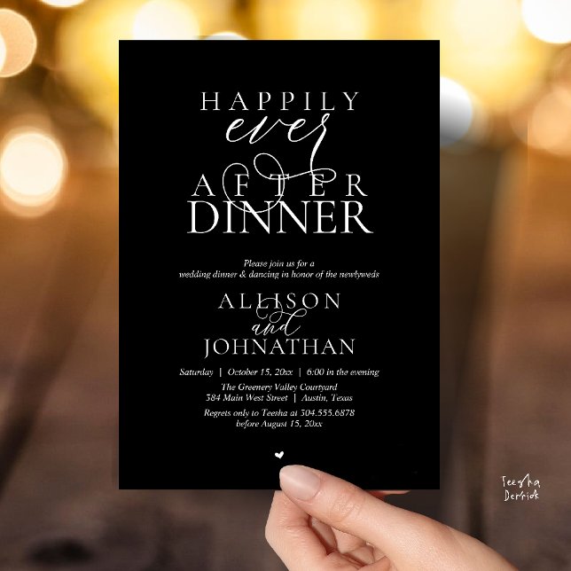 Convite Classy Black Happily Ever After Dinner Wedding (Classy Black Happily Ever After Dinner Modern Script Wedding Invitation Card)