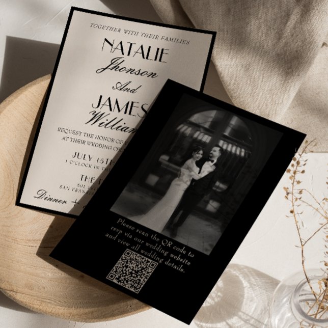 Convite Classy Black White Old Money Photo QR Code Wedding (Criador carregado)