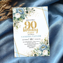 Convite Classy Blue Gold Frame 90th Birthday Party Invite