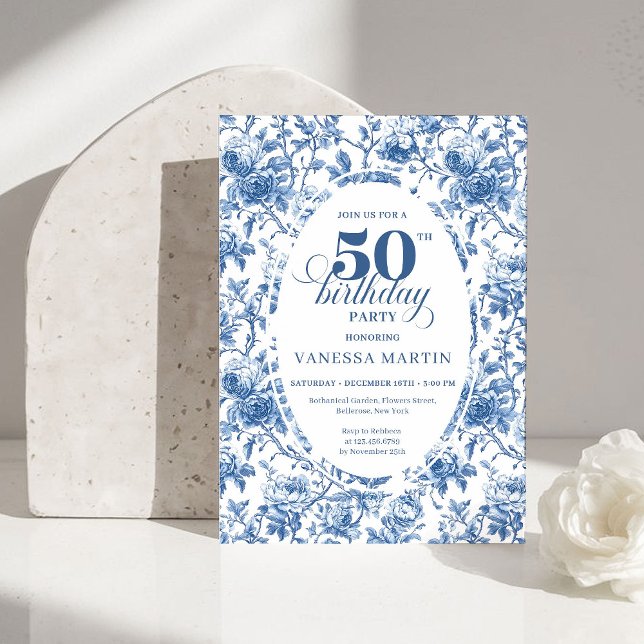 Convite Classy Blue Toile de Jouy Floral 50th Birthday  (Classy Blue Toile de Jouy Floral 50th Birthday Invite)