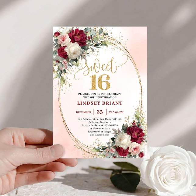 Convite Classy Boho Burgundy Blush Gold Floral Doce Anos (Classy Boho Burgundy Blush Gold Floral Sweet Sixteen)