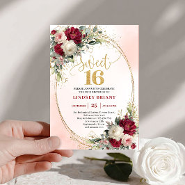 Convite Classy Boho Burgundy Blush Gold Floral Sweet 16th