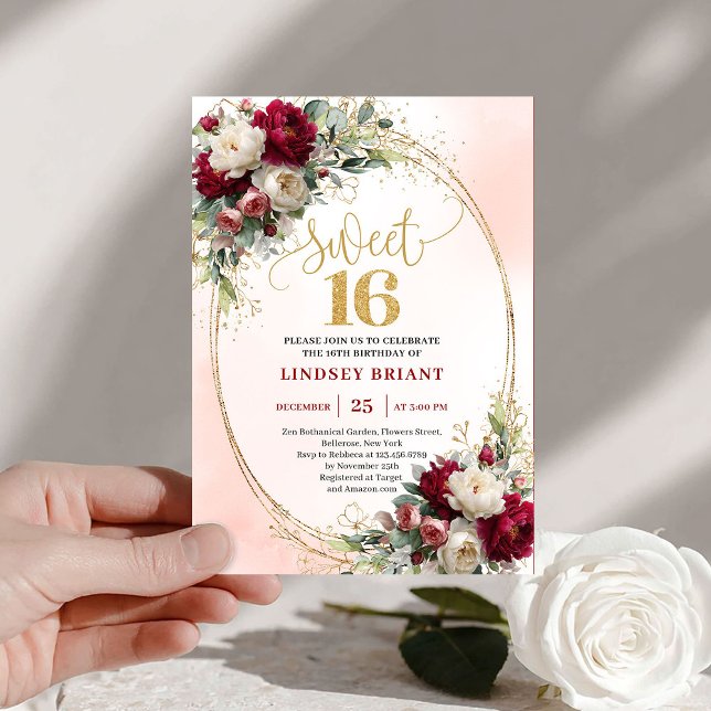 Convite Classy Boho Merlot Gold Floral Sweet Sixteen  (Classy Boho Merlot Gold Floral Sweet Sixteen Invite)