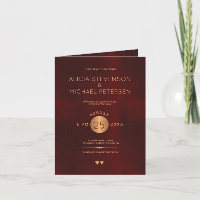 Convite Classy burgundy metallic copper gold photo wedding (Frente)