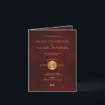 Convite Classy burgundy metallic copper gold photo wedding<br><div class="desc">Elegant luxury folded photo wedding invitation with two small rose gold copper metallic hearts and a circle with the date inside on a deep red maroon antique distressed looking velvet like background. Inside the card, you can upload your photo on the left side and add supplementary details regarding response and...</div>