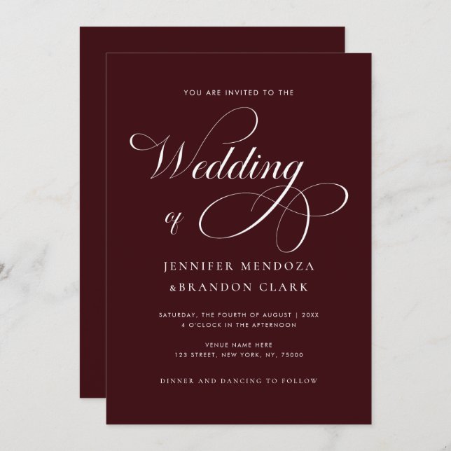 Convite Classy Calligraphy Burgundy All in One Wedding (Frente/Verso)
