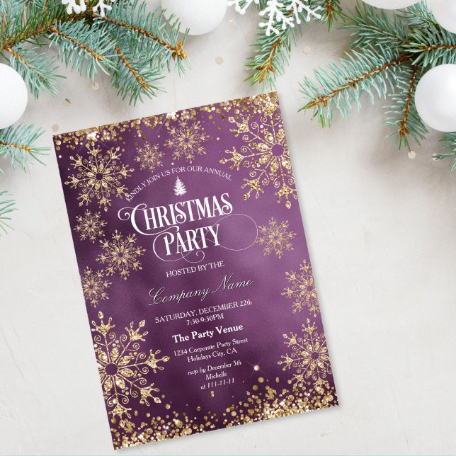Convite Classy Chic Gold Glitter Corporate Christmas Party (gold glitter snowflakes on the purple background christmas party invitation)