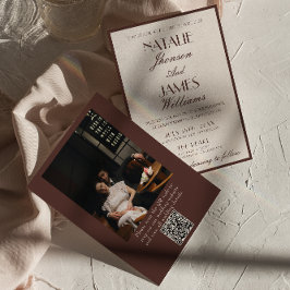 Convite Classy Chocolate Brown Fancy Photo QR Code Wedding