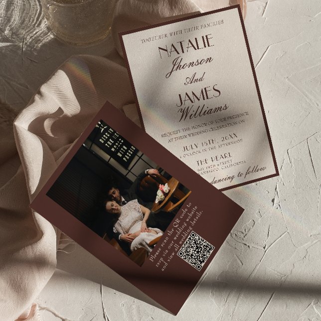 Convite Classy Chocolate Brown Fancy Photo QR Code Wedding (Criador carregado)