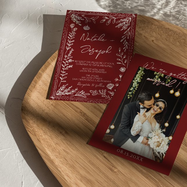 Convite Classy Deep Red Blue Floral Modern Photo Wedding  (Criador carregado)