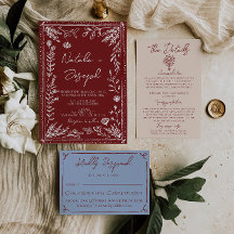 Classy Deep Red Blue Floral Modern Wedding