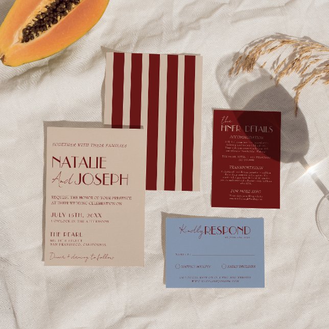 Convite Classy Deep Red Blue Whimsical Modern Wedding (Criador carregado)