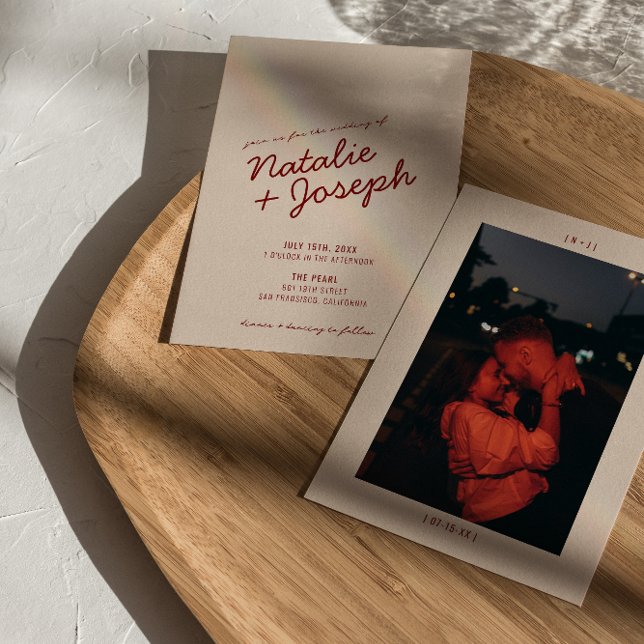 Convite Classy Deep Red Blue Whimsical Photo Wedding (Criador carregado)