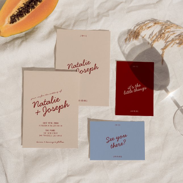 Convite Classy Deep Red Blue Whimsical Unique Wedding (Criador carregado)