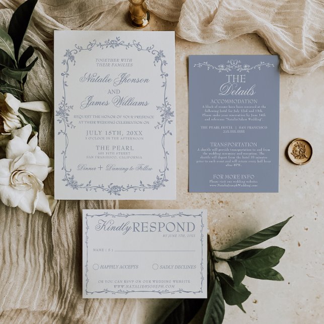 Convite Classy Dusty Blue Floral Boho Botanical Wedding (Criador carregado)
