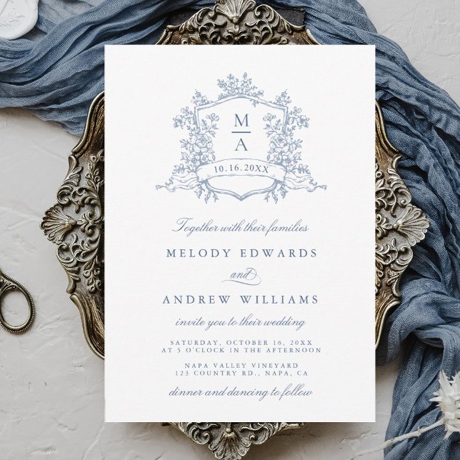 Convite Classy Dusty Blue Floral Crest Wedding (Criador carregado)