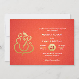 Convite Classy Faux Gold Foil Ganesha Indian Red Damask